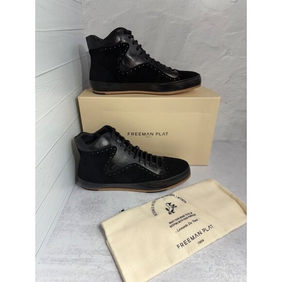 NIB Freeman Plat Mens‎ Court Mid Black Leather & Suede Hi-Top Sneakers Size 12 - Picture 1 of 13
